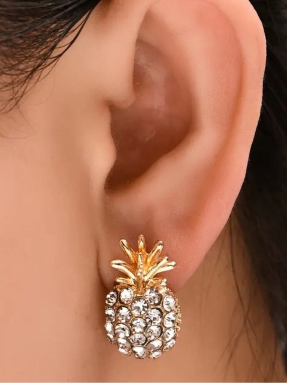 Gold Pineapple Crystal Stud Earrings - Women Jewelry